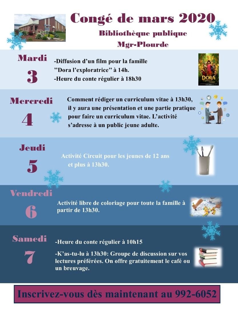 Semaine de rel&acirc;che - Biblioth&egrave;que publique Mgr-Plourde